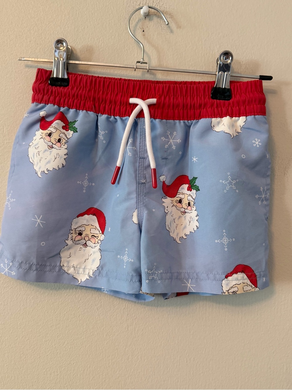 The Beaufort Bonnet Company Light Blue Santa Print Swim Trunks